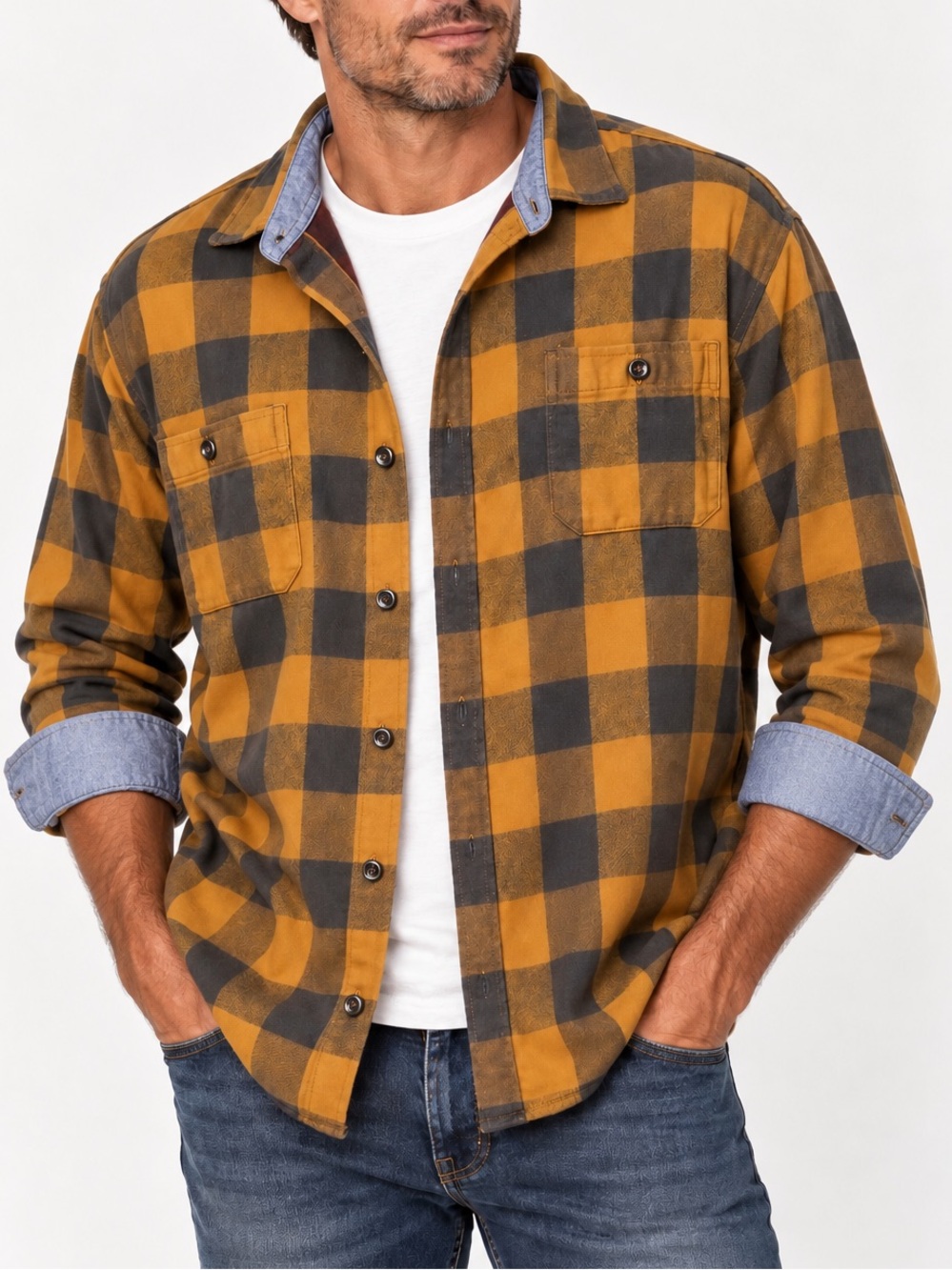 Tailor Vintage Luxe Performance Plaid Flannel Shirt Jacket Mustard Brown XL